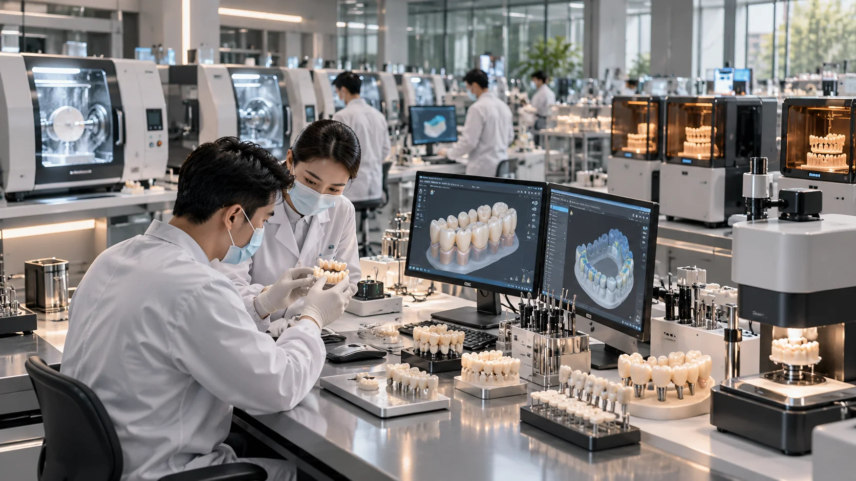 Illustrative modern dental manufacturing environment with CAD workstations, technicians and milling equipment